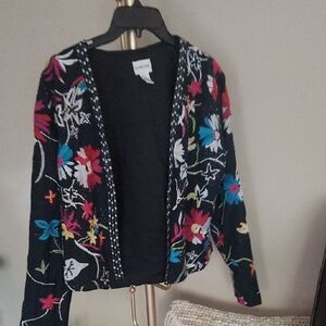 Chico's Black Floral Embroidered Open Cardigan with Multicolor Flowers